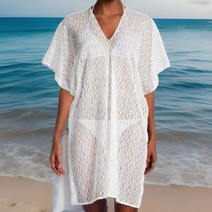 Lulla Collection Bindya Tunic Coverup Kimono Sleeve Pullover White Caftan XL O/S